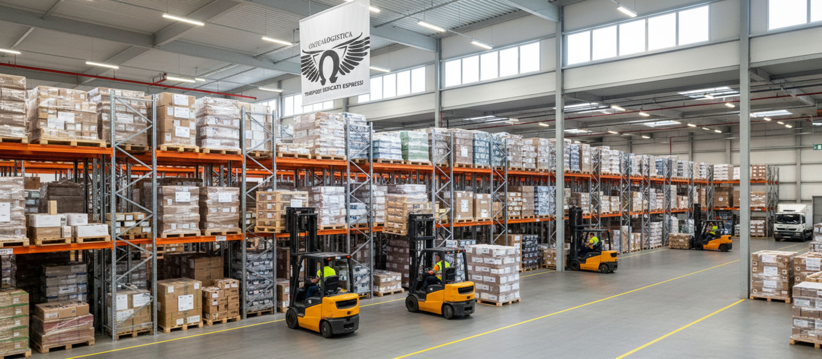 Carrellista al lavoro nel magazzino Omega Logistica